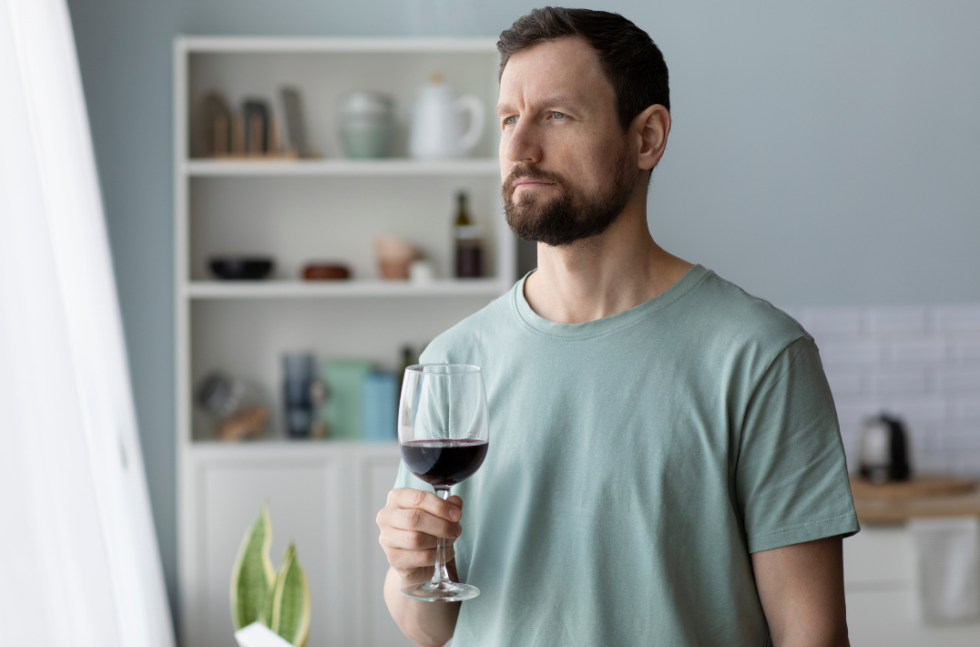 Man holding a glass of red wine at home, illustrating alcohol consumption and its potential health effects.