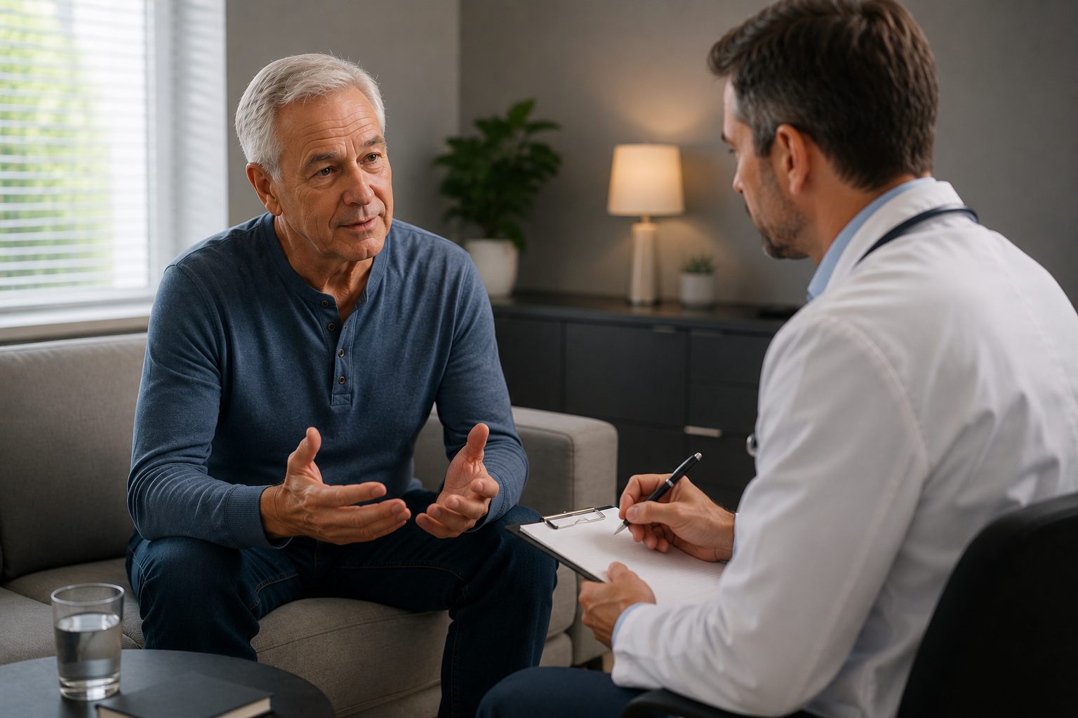 Older man speaking with a doctor about how ageing can affect erectile function differently.