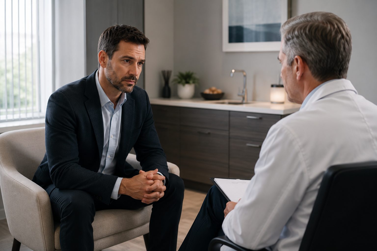 Professional man having a confidential conversation with a doctor about erectile dysfunction treatment.