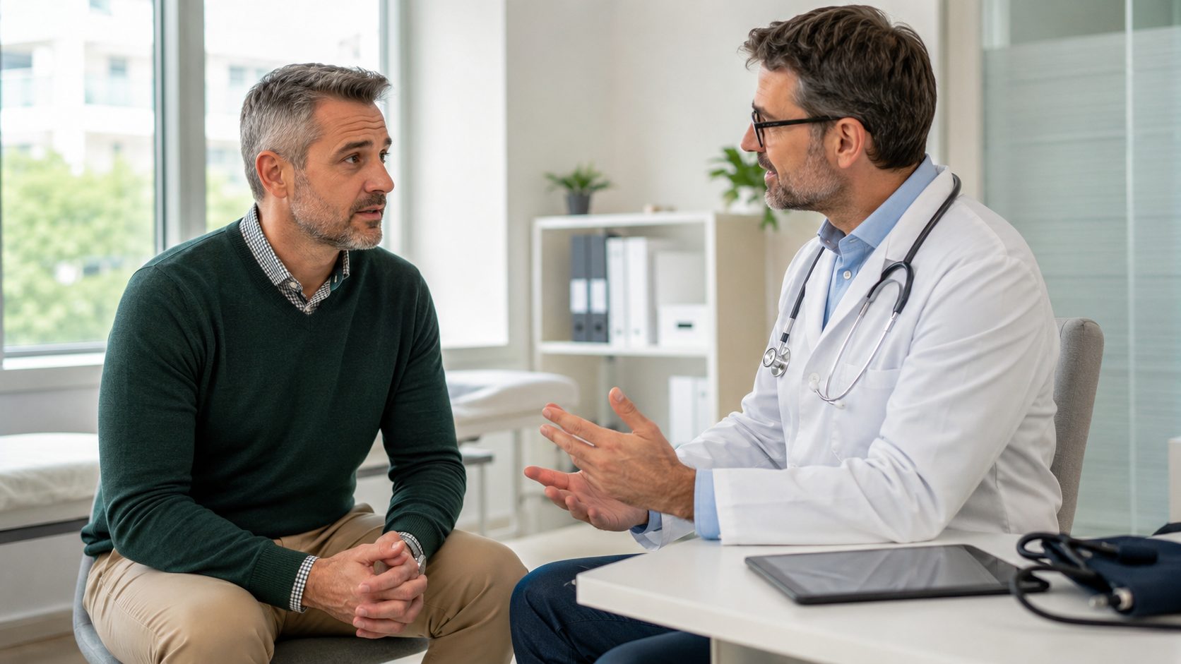 Middle-aged man discussing his health with a doctor during a private medical consultation.