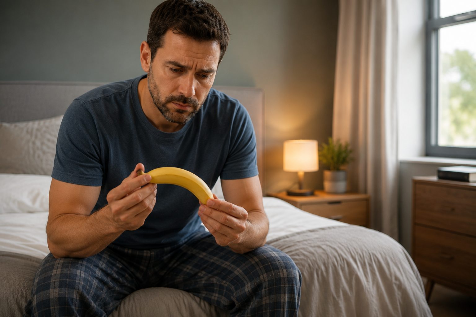 Concerned man sitting on a bed after noticing a new bend or curve linked to Peyronie’s disease.