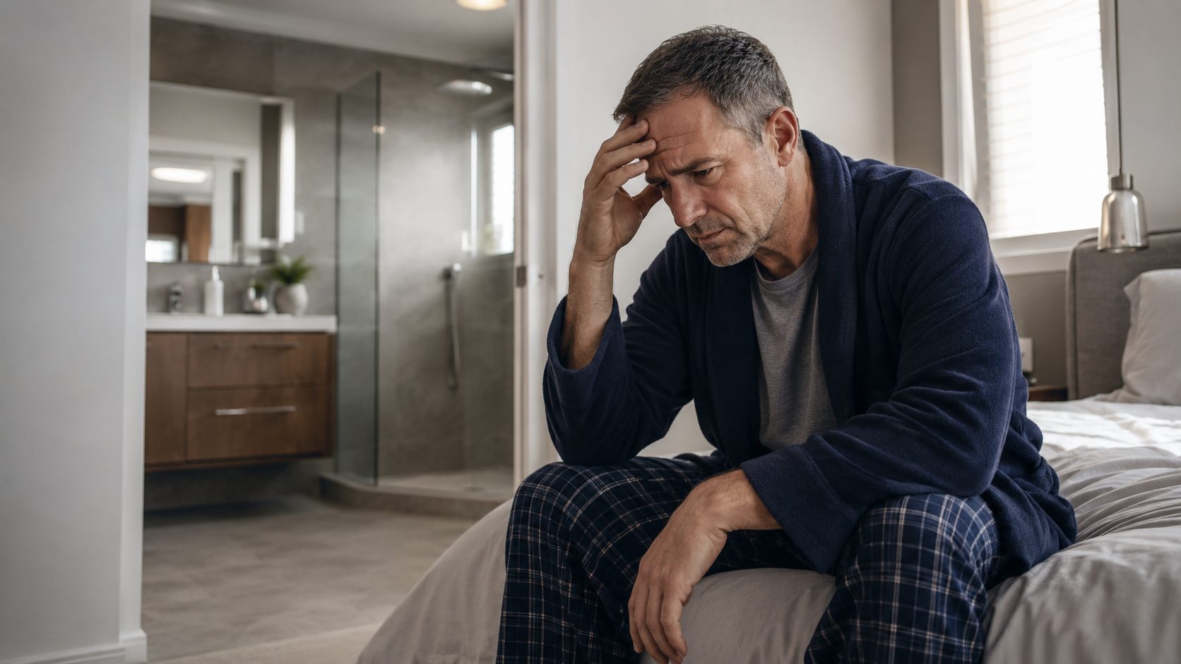 Worried man sitting alone in a bedroom as symptoms of Peyronie’s disease appear to worsen.