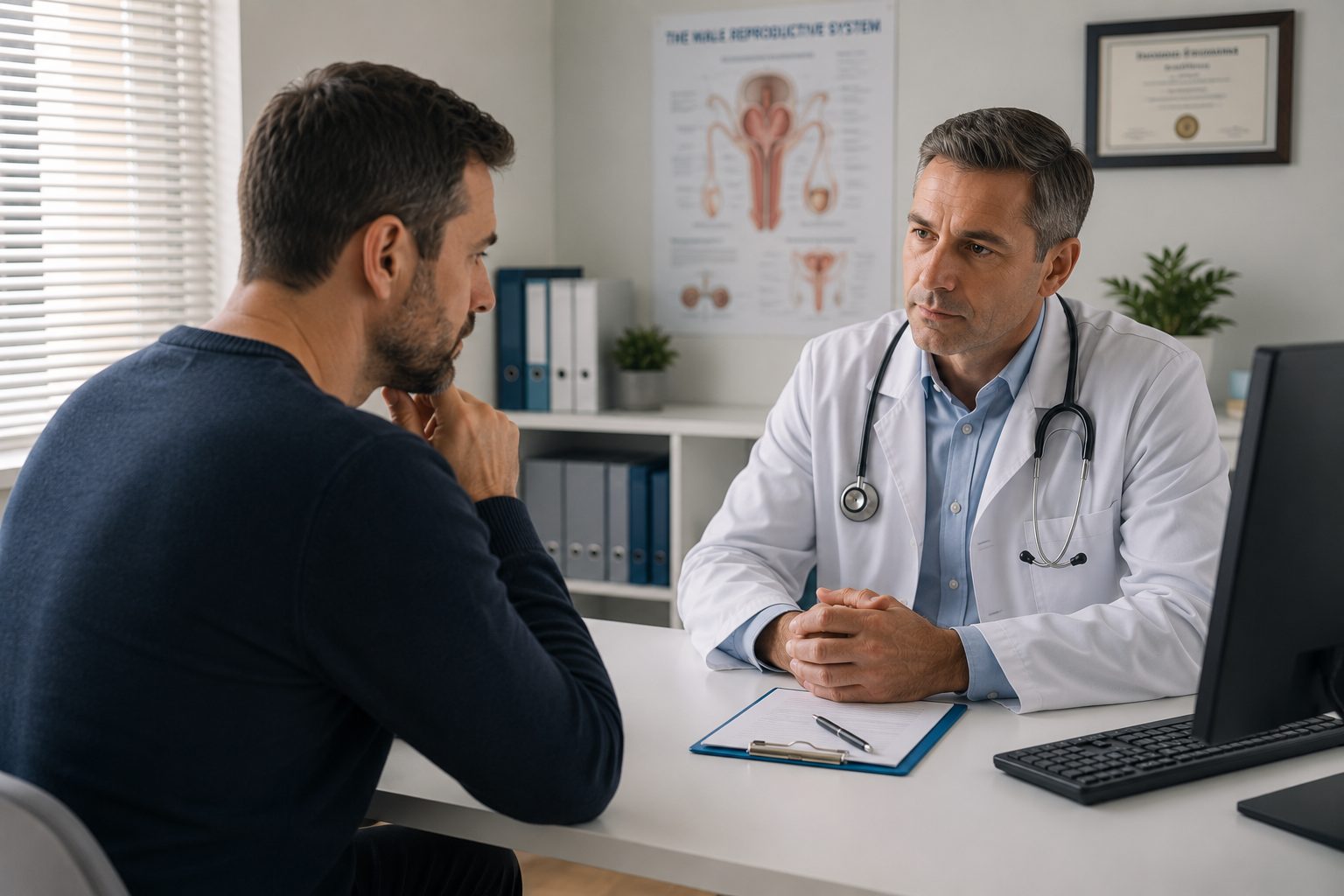 Patient discussing private erectile dysfunction concerns with a doctor in a confidential clinic setting.