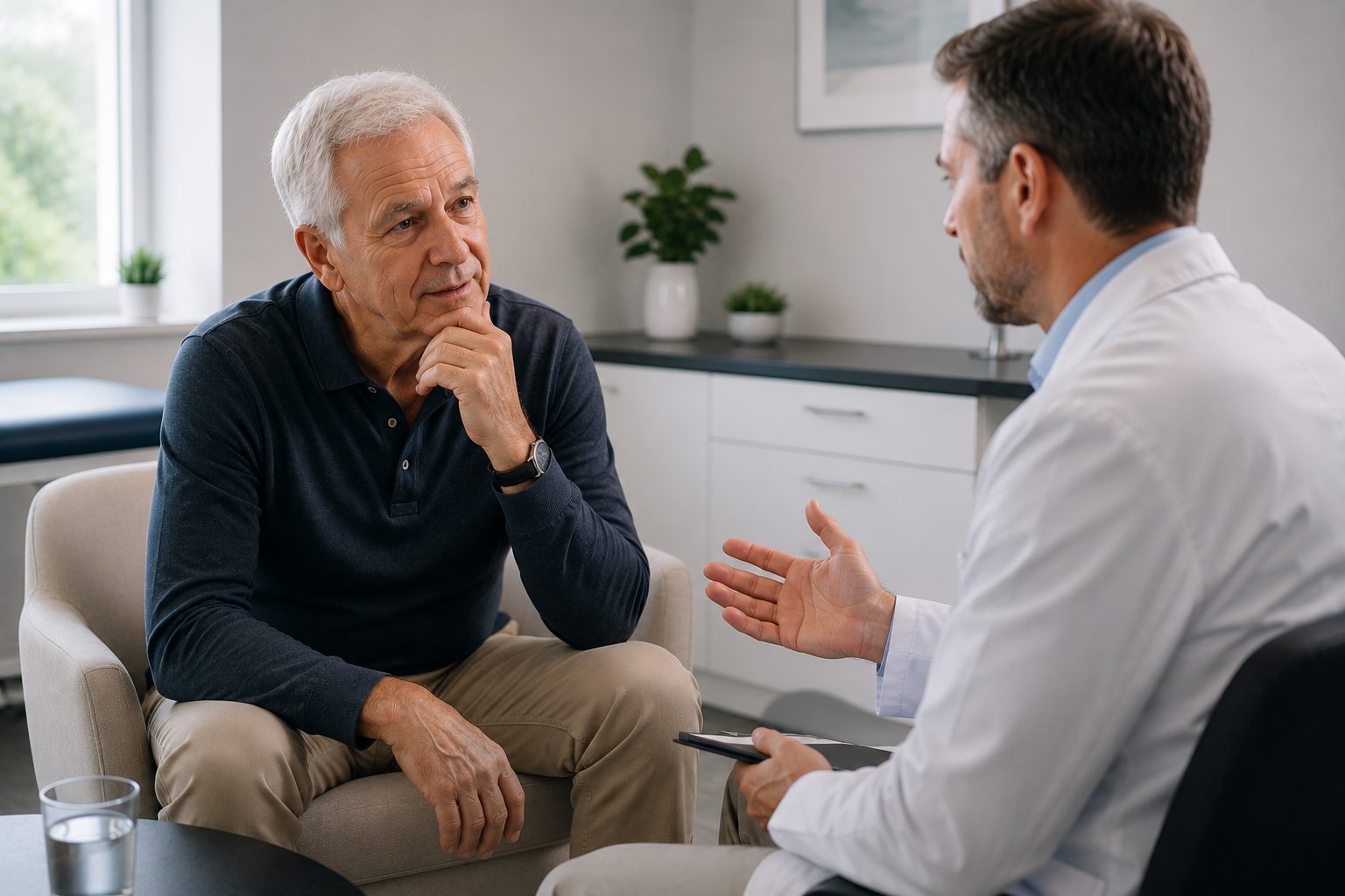 Doctor assessing an older man’s suitability for focused shockwave therapy during a consultation.