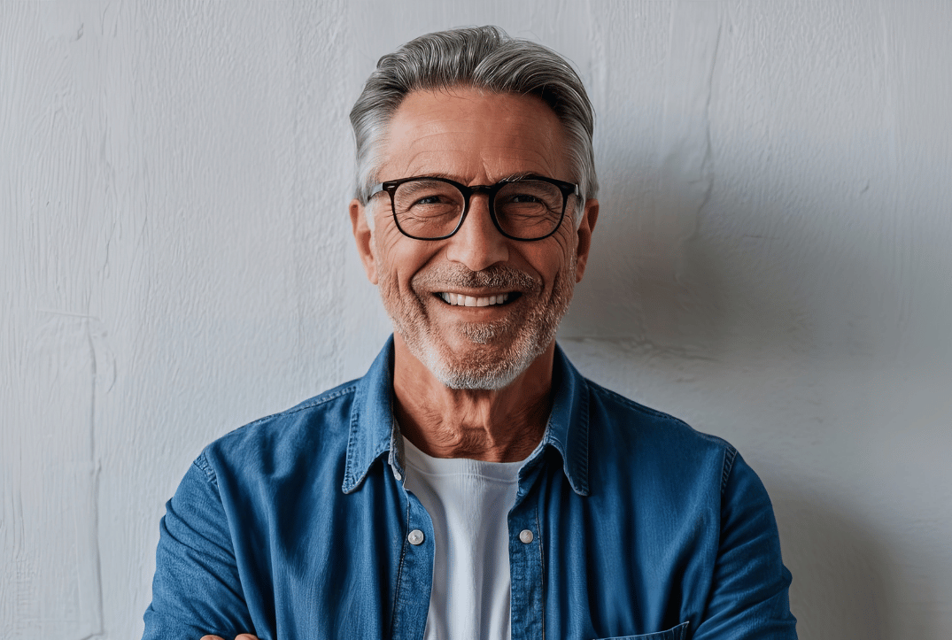Smiling older man wearing glasses, representing suitability for Peyronie's disease treatment in later life.