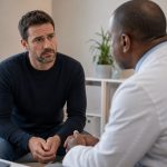 Man discussing concerns about Peyronie’s disease with a doctor during a private clinic appointment.