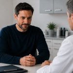 Man speaking privately with a doctor during a discreet erectile dysfunction consultation.
