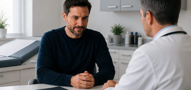 Man speaking privately with a doctor during a discreet erectile dysfunction consultation.